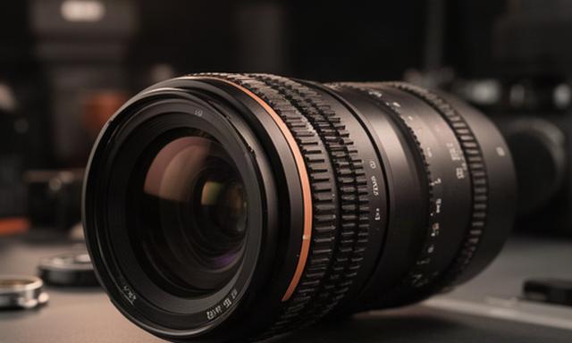 Obiettivo cine 24 millimetri su tavolo tecnico con ghiera dentata visibile